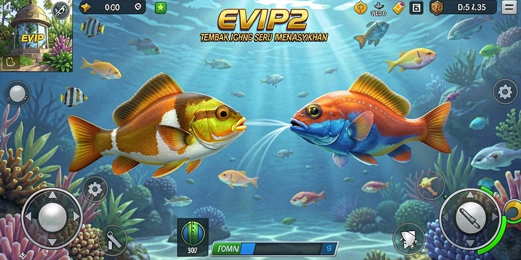 Screenshot gameplay menunjukkan aksi menangkap ikan yang seru di EVIP2.