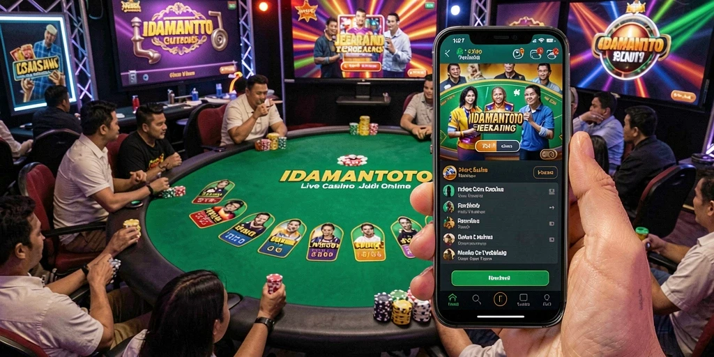 Screenshot gameplay IDAMANTOTO menunjukkan dealer live yang berinteraksi dengan pemain.