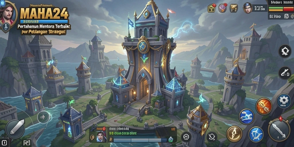 Screenshot gameplay MAHA24 menampilkan serangan menara melawan gelombang musuh.