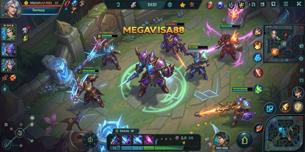 Tampilan seru dari gameplay MEGAVISA88 dalam pertarungan MOBA.