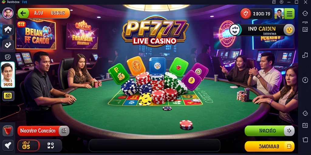 Screenshot gameplay PF777 dengan dealer langsung dan pemain yang berinteraksi.
