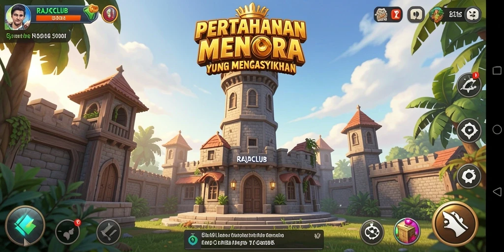 Tampilan gameplay yang mendebarkan dalam RAJACLUB dengan menara pertahanan.
