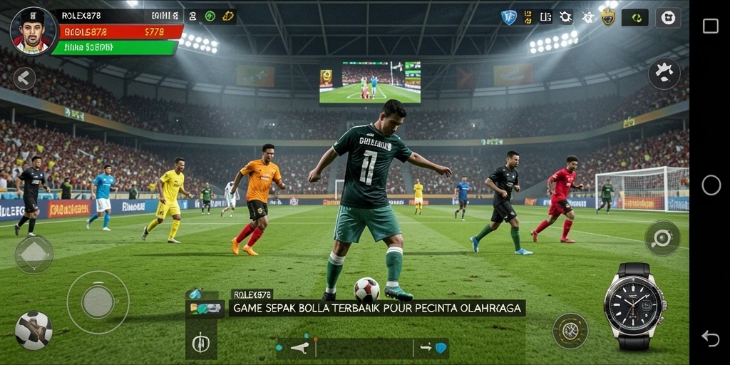 Screenshot gameplay ROLEX878 yang menunjukkan aksi seru di lapangan sepak bola.