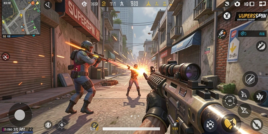 Screenshot gameplay <strong>SUPERSPIN</strong> menampilkan aksi pertarungan yang intens dan mendebarkan.