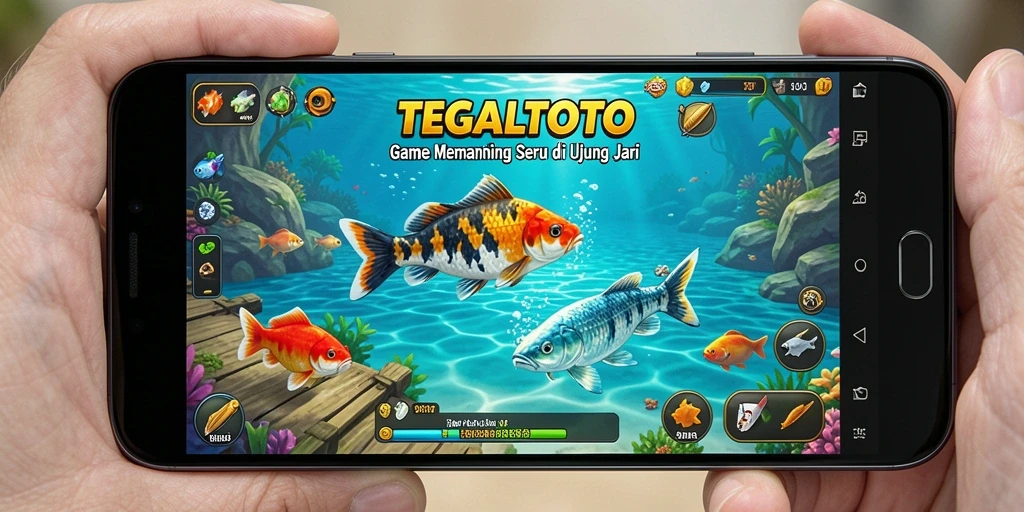 Screenshot gameplay TEGALTOTO dengan ikan berwarna-warni dalam latar belakang detik-detik menangkap.